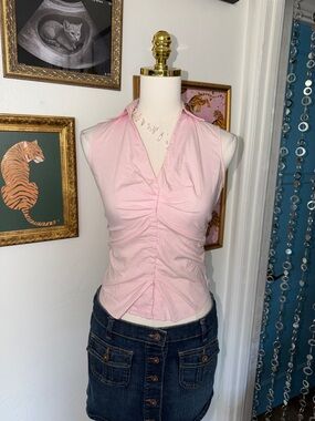 Vintage Y2K Express Light Pink Sleeveless Ruched V-Neck Top